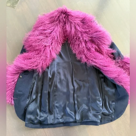 Vintage custom made no label blue coat with purple Mongolian fur trim - Picture 3 of 7